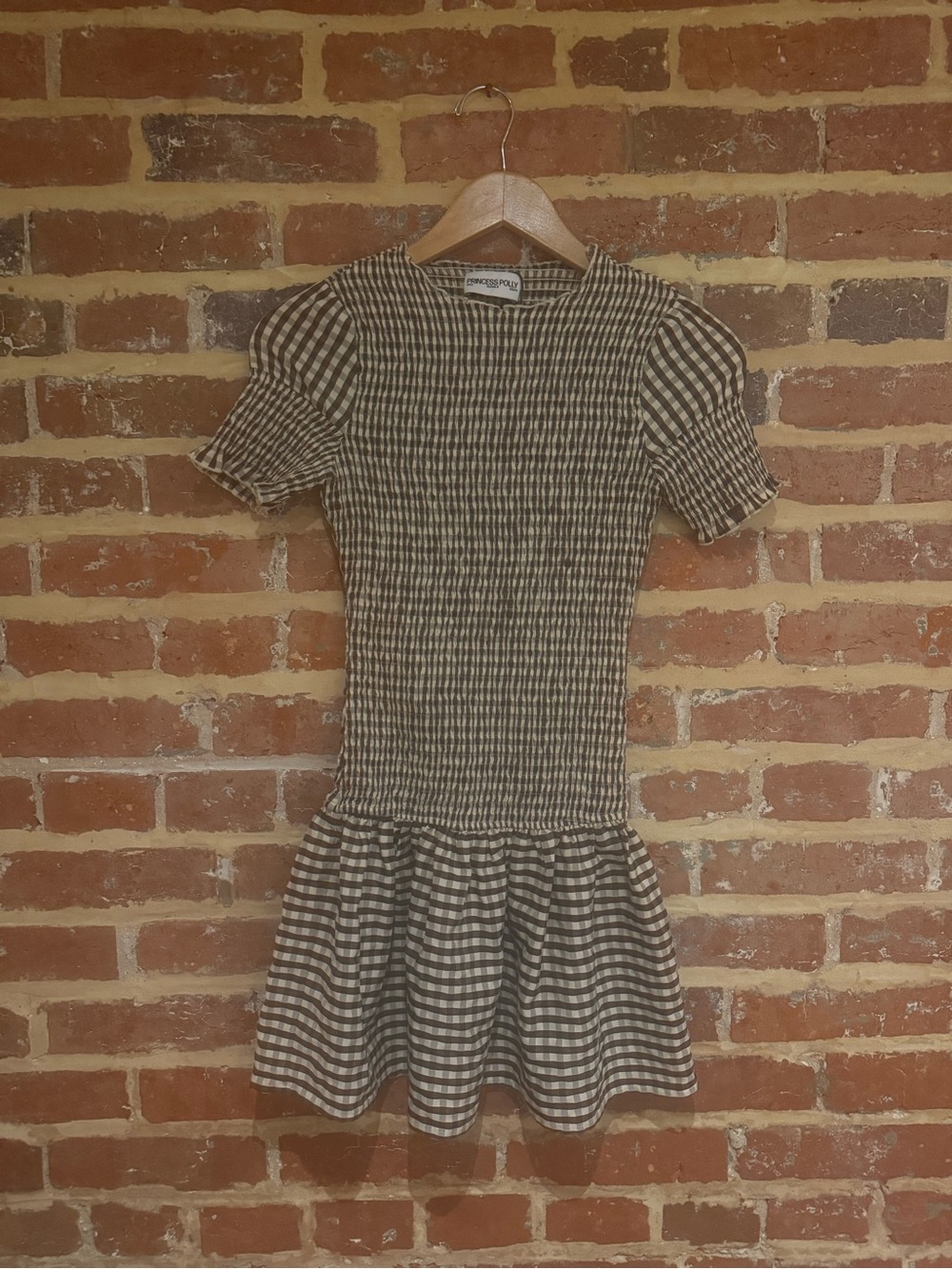 Princess Polly Brown and Cream Gingham Smocked Puff-Sleeve Mini Dress